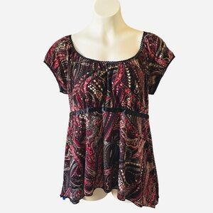 Julie's Closet XL Red Black Brown Cap Sleeve Top Scoop Neck Satin Tie Blouse